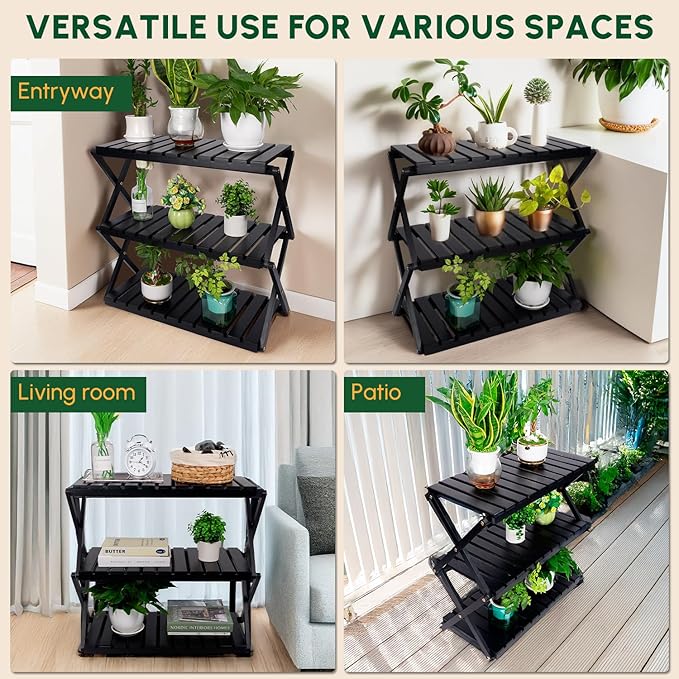 BEEFURNI Acacia Plant Stand Indoor, Wooden Outdoor Plant Stand, Foldable Plant Stand, 3 Tier Conner Space Flower Stand, Plant Ladder Stand (Black)