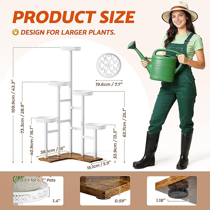 6 Tier Plant Stand, Tall Metal Wood Plant Shelf Corner Display Rack, Tiered Flower Pot Stands for Living Room Balcony Garden Patio