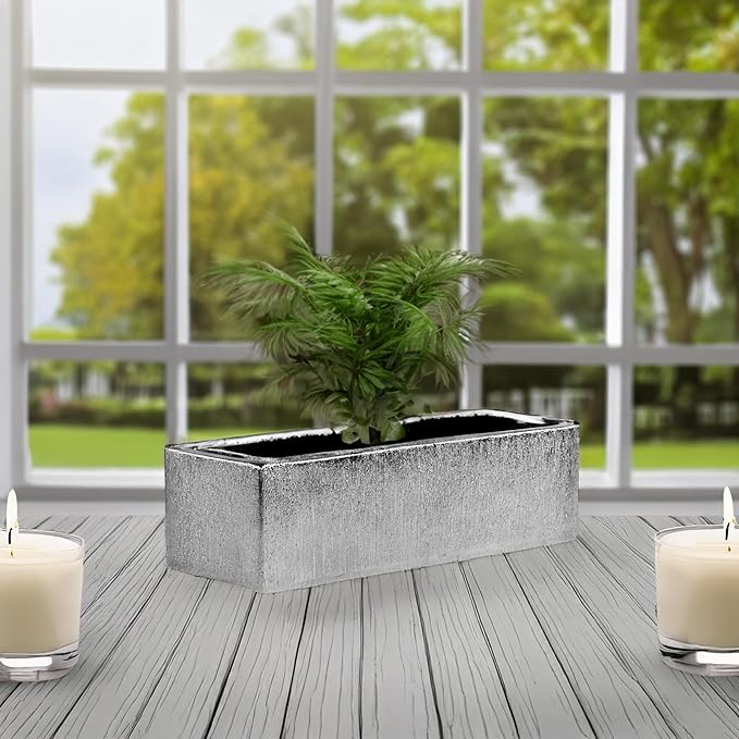 WGVI Long Rectangle Ceramic Planter Vase in Silver Etched 14" x 4" x 4"H, Rectangular Box Block Terrarium Pot, Flower Arrangement, Tabletop Centerpiece, Home Décor, Storage Container, 1 Pc.
