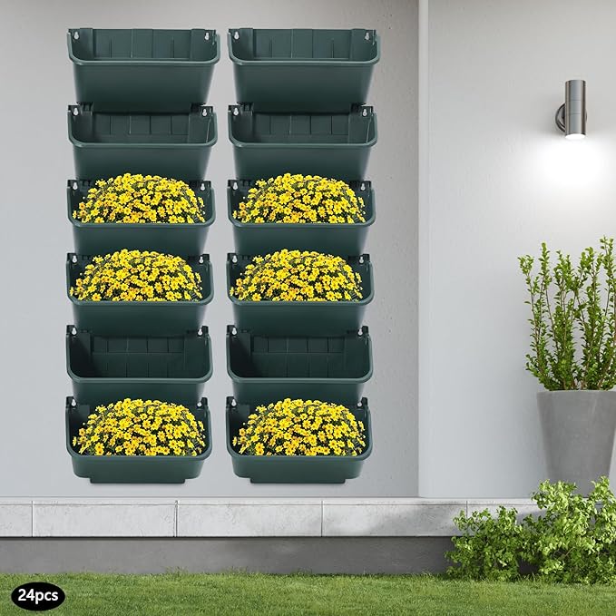 Bacocoo Vertical Garden Planter - 24 Pack, 13 inch Wall Mounted Planter for Patio Outdoor Decor, Home Green Plastic Pot Balcony Plant Vegetable Fruit Herb Hanging Pocket Holder Flowerpot. (Army Green)