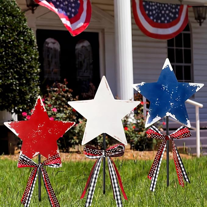 Amyhill 4th of July Outdoor Decor Patriotic Star Metal Garden Stakes Welcome Yard Signs Retro Red White Blue American Star Garden Stakes for 250th Anniversary Patio Lawn Walkway Outside Decorations