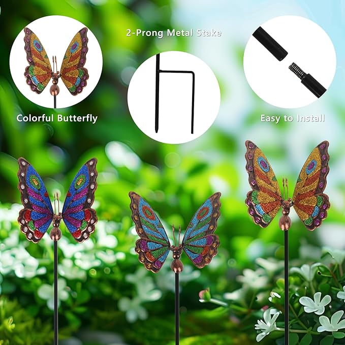3 Pcs Butterfly Garden Stakes, 29" H Decorative Garden Stakes, Metal Yard Art for Outdoor Spring Lawn Patio Pathway Decor