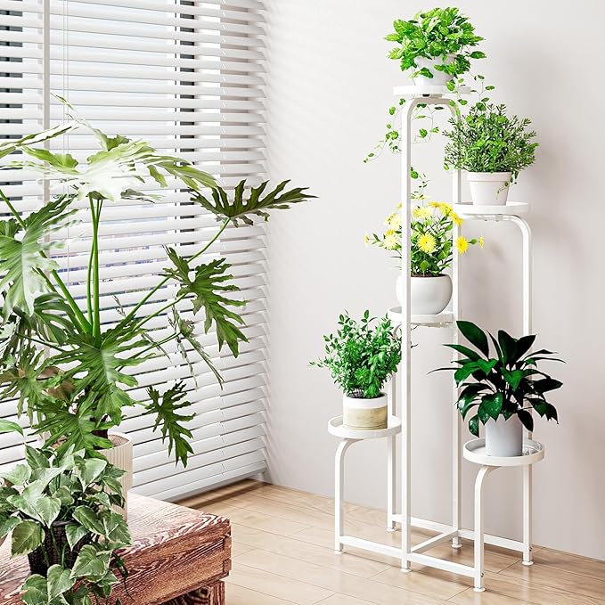 INGIORDAR Plant Stand Indoor Outdoor 5 Tier Metal Plant Shelf for Multiple Plants Corner Flower Holders for Living Room Balcony Bedroom Patio Garden, Black (White, 5-Tier)