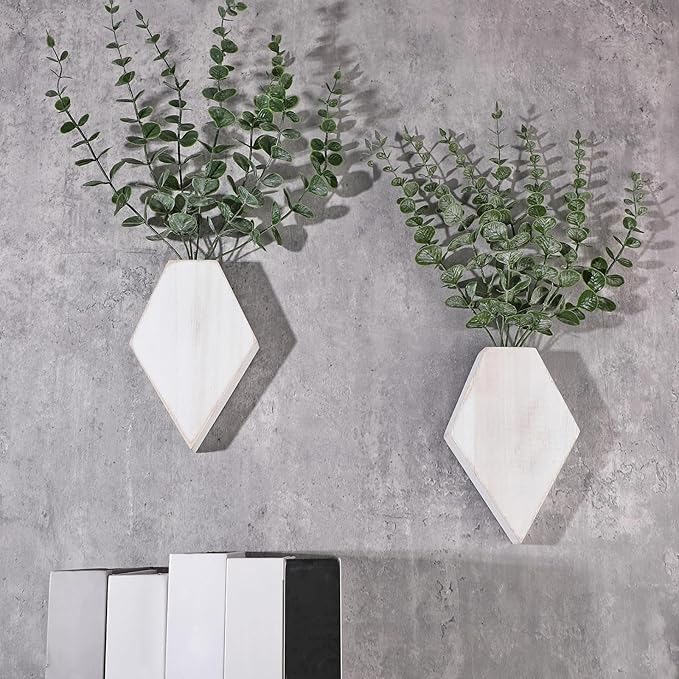 Chunful 2 Pcs Wooden Wall Planter Decor Hanging Fake Plants Greenery Flowers Holder Vase Boxes for Wall Bohemian Farmhouse Room Kitchen Office Indoor Decoration(Retro White,7.1 x 4.7 x 1.2 Inches)