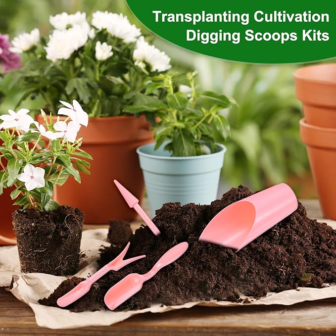 M METERXITY 1-Set Garden Shovel Hand Tools Transplanting Succulent Cultivation Digging Scoops Kits, Plastic Mini Garden Tool Set for Flower Planting/Bonsai Potting [Pink]