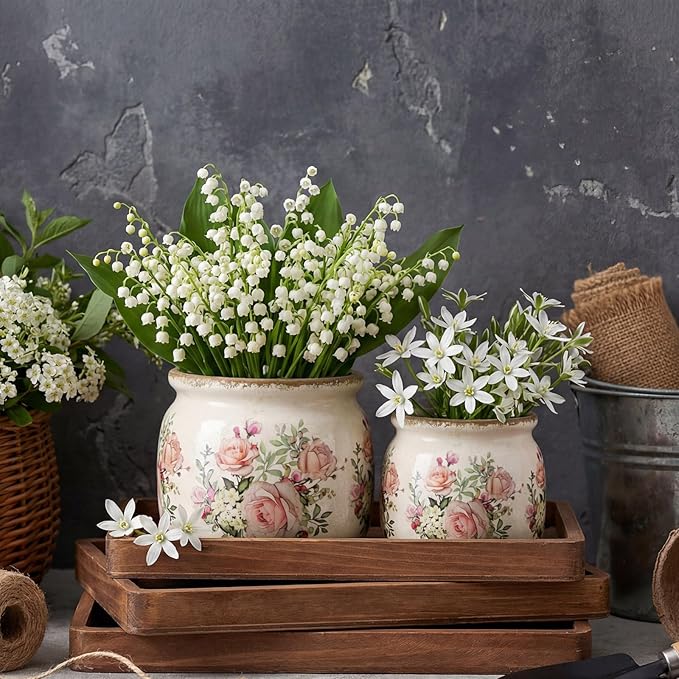 2 Pcs Vintage Planter Ceramic Plants Pot with Drainage Ice Crack Scroll Flower Vase Pot for Indoor Outdoor Plants Home Kitchen Decor Gifts(Country Rose,7.7" & 5.9")