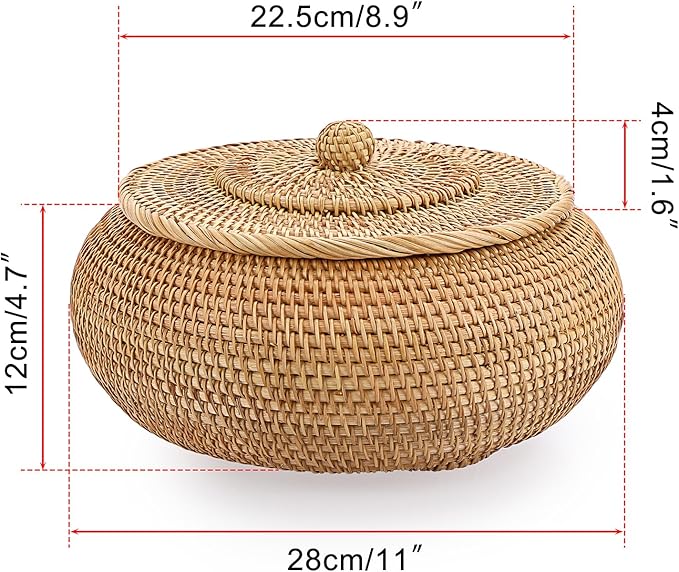 Hipiwe Round Rattan Boxes with Lid Natural Woven Storage Basket Bin Multi-Purpose Wicker Tray Weaving Decorative Shelf Basket Farmhouse Picnic Bread Fruit Table Storage Basket
