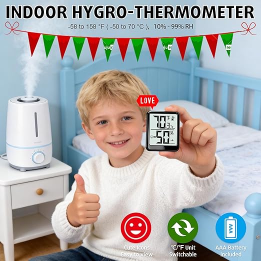 Room Thermometer Indoor Hygrometer Humidity Meter Gauge Digital Temperature and Humidity Sensor Monitor for Home Office House Pets Plants - AAA Battery Included