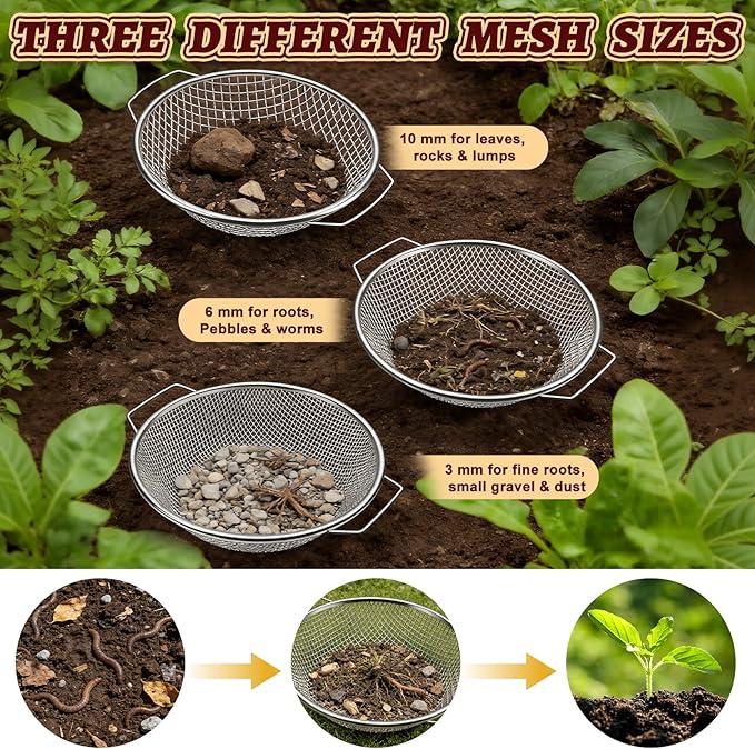 3PCS Soil Sifter for Gardening, Rock Soil Sifter with Handle Compost Sifting Screen for 5 Gallon Buckets with Metal Garden Tool Shovel Gloves 3,6,10mm Mesh Sizes Remove Stone Fine Gravel Sand Dirt