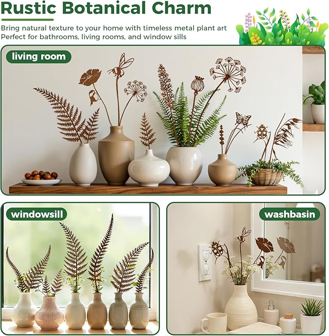 Rustic Metal Decorative Garden Stakes, Multiple Nature-Inspired Designs, Vintage Rust Finish Indoor&Outdoor Garden Decor, Gift-Boxed Yard Art for Pots, Planters Flower Beds (Ladybug & Bee Flower Set)
