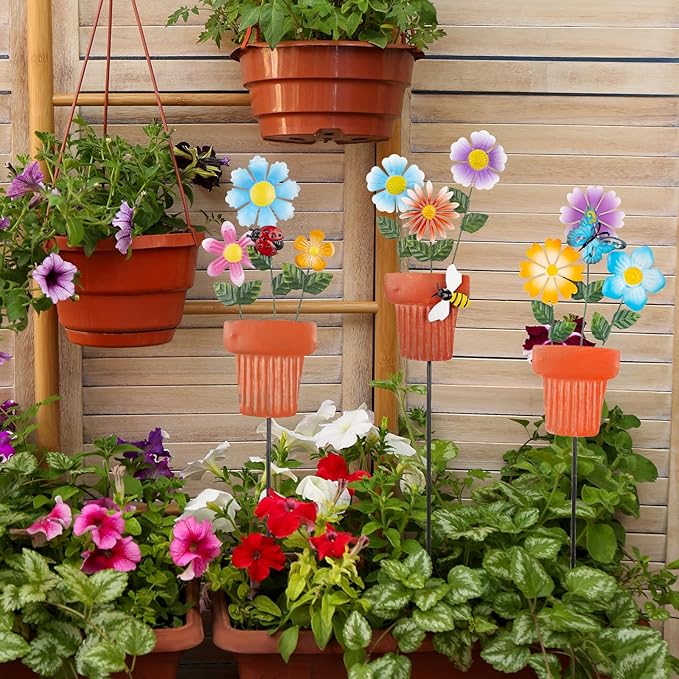 3 Pcs Metal Flower Garden Stakes, 24" H Flower Pot Shape Decorative Garden Stakes, Metal Yard Art for Outdoor Spring Lawn Patio Pathway Decor