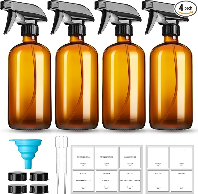 GIVAMEIHF 16oz Amber Glass Spray Bottles,4 Pack Glass Spray Bottles Refillable Empty Bottle with Adjustable Nozzle,Spray Bottle for Cleaning,Essential Oils,Cleaning,Pets,Plant, Hair Mister