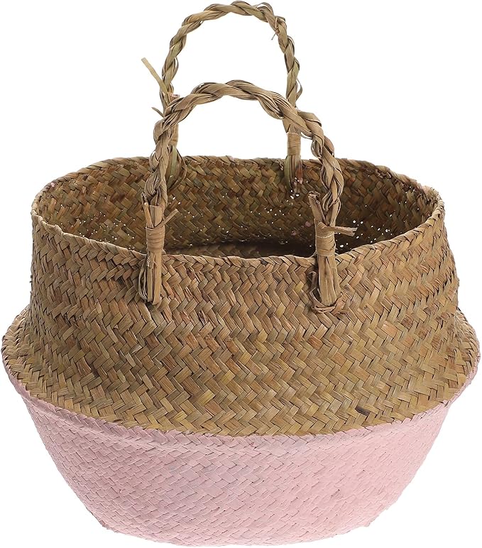 Toyvian Woven Seagrass Flower Basket with Handle, 27cm Diameter Decorative Plant Pot for Home Gardening and Living Room Storage, Foldable Pink Rattan Planter for Indoor Use