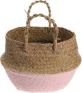 Toyvian Woven Seagrass Flower Basket with Handle, 27cm Diameter Decorative Plant Pot for Home Gardening and Living Room Storage, Foldable Pink Rattan Planter for Indoor Use
