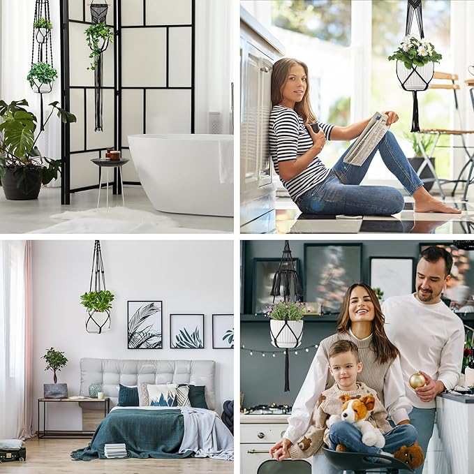Macrame Plant Hangers 5Pack, Handmade Cotton Rope Hanging Planters for Indoor Plants w/ 5 Set Hooks Hanging Plant Holders Plant Hanger Indoor for Boho Home Decor (Black, Planter Pot Not Included)