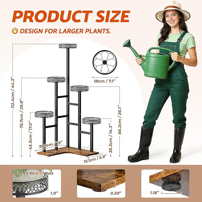 Plant Stand 6 Tier Indoor Metal Wood Flower Shelf for Multiple Plants Corner Display Rack Planter Pot Holder Flower Stand for for Patio Garden Balcony Living Room Bedroom