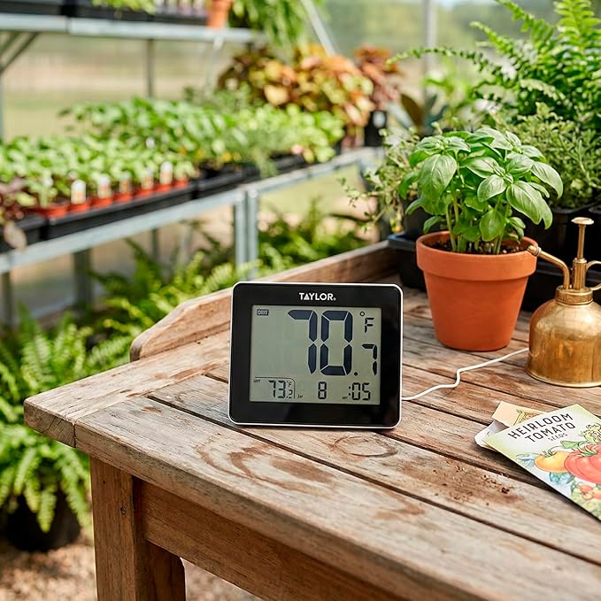 Taylor Wired Digital Indoor Outdoor Thermometer with LED Display, Wired Probe Sensor for Home, Greenhouse, Nursery, and Indoor Use, White Housing