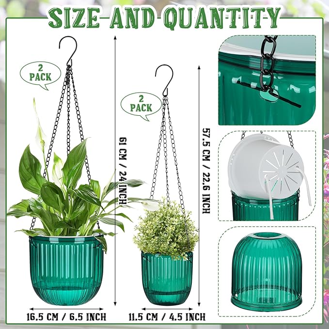 Maxcheck 4 Pcs Self Watering Hanging Planters Indoor Gift 6.5'' 4.5'' Hanging Flower Pots Baskets Outdoor Self Watering Plant with 3hooks Drainage Holes for Home