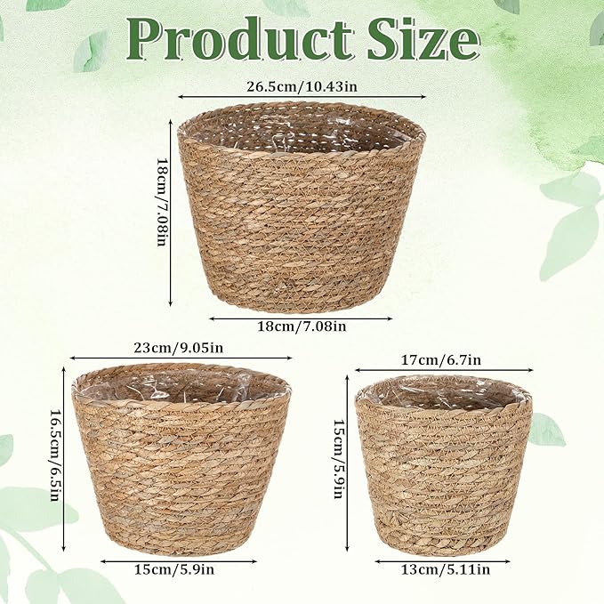 simarro 3 Pack Seagrass Planter Basket, 3 Sizes Stylish Plant Containers Flower Pots with Plastic Lining Woven Baskets for Plants Indoor and Outdoor