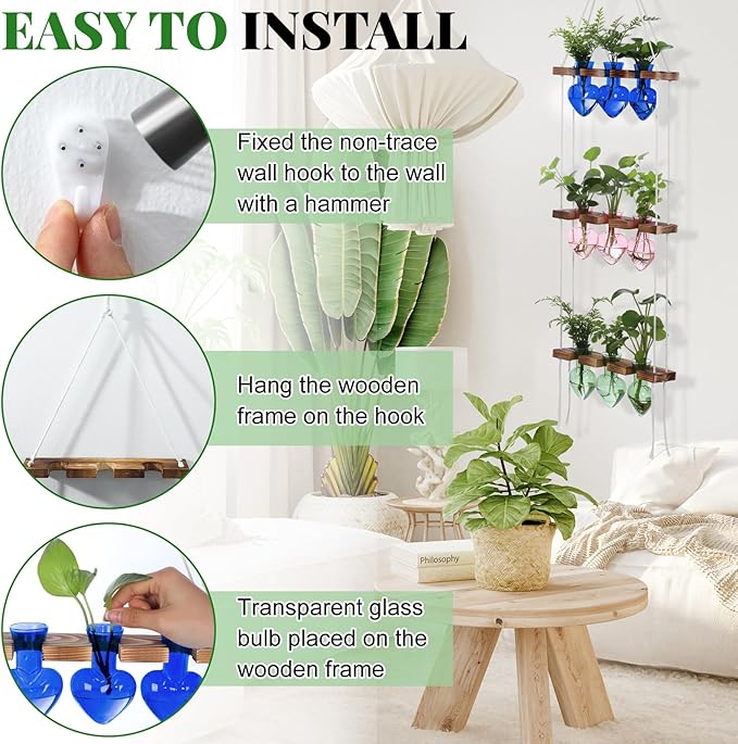 Leinuosen Wall Hanging Plant Propagation Stations Mother Gifts for Her Plant Lovers 3 Tiered 9 Heart Shaped Glass Vases Terrarium with Wooden Stand for Hydroponics Indoor Garden Home Decor(Multicolor)