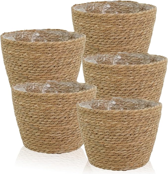 5 Pcs Large Premium Seagrass Planter Basket 10.2x7.5x7 Stylish Planter Baskets Woven Wicker Baskets with Plastic Lining for Indoor Outdoor Flower Plants Pots Cover Room Decor