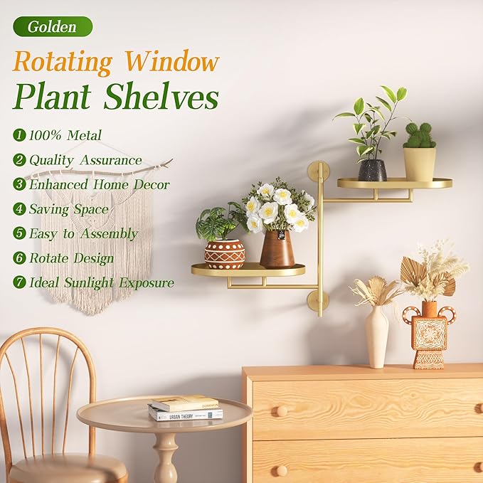 YQSLYSF Window Rotating Plant Stand Shelf Indoor Gold Metal Floating Shelves 2-Tier Wall Mount Plant hanger Holders for Wall Planter Modern Home Decor window sill gifts