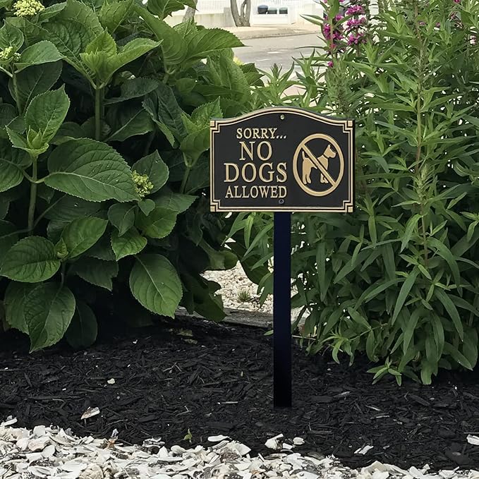 SmartSign “Sorry... No Dogs Allowed” GardenBoss Statement Plaque | 5.75" x 9.5" Aluminum Plaque with 18" Black Lawn Stake, Made in USA