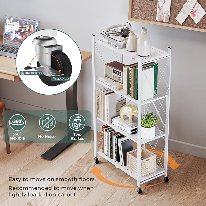 DEANIC 4 Tier Foldable Storage Shelves with Wheels, Large Capacity Shelving Unit, Freestanding Metal Wire Shelf Rack, No Assembly Organizer Rack for Garage Kitchen, Basement, Pantry(White)