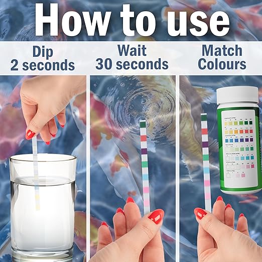 7-in-1 Pond Test Strips – Accurate Pond Water Test Kit for pH, Nitrate, Nitrite, Carbonate, Hardness, Total & Free Chlorine – Easy-to-Use Accessories for All Garden Ponds – 50 Strips