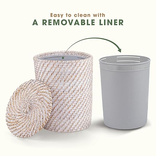 84ECO White Wicker Trash Can with Lid and Liner - Rattan Trash Can