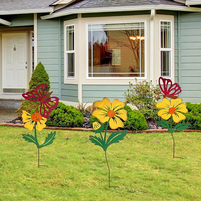 3 Pack Butterfly&Flower Metal Flowers for Outside & Decorative Garden Stakes - Metal Yard Art Outdoor and Garden with Rustproof Design | Spring Lawn Ornaments for Porch,Backyard，Patio