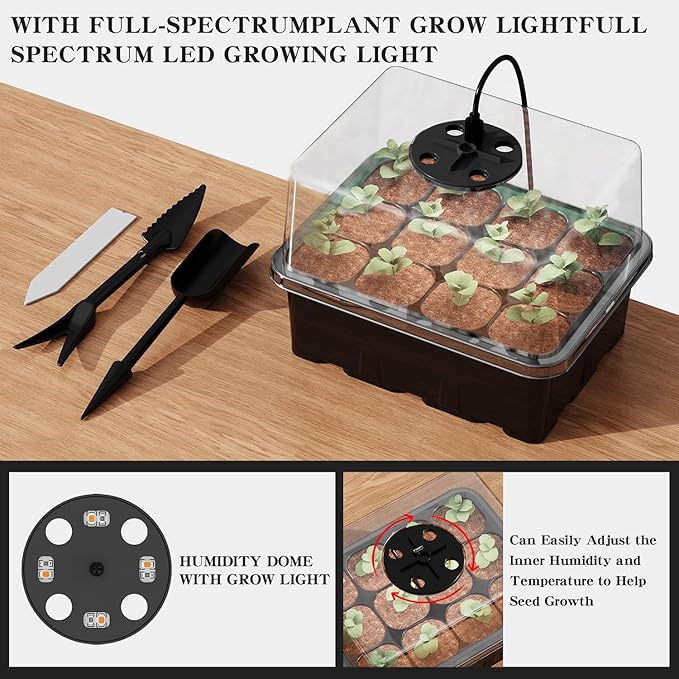 Seed Starter Tray with Grow Light, 5 Pack 60 Cells Seed Starter kit with Humidity Dome and Base, Plant Seedling Trays Indoor Greenhouse Gardening (Black 5 Pack)