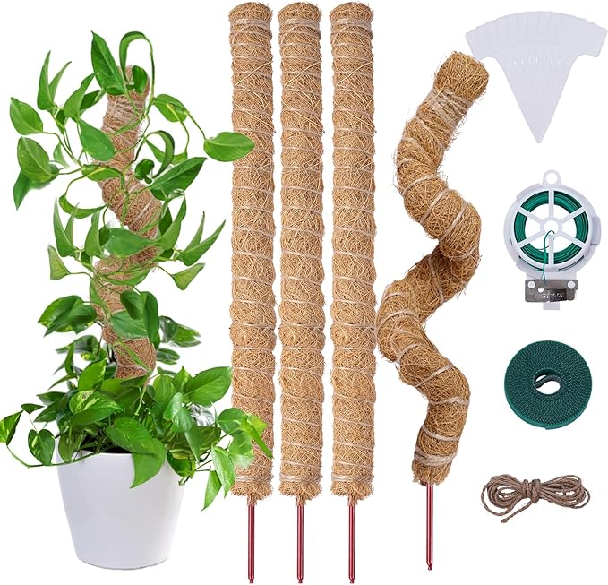 AlisisFores 4 Pcs Bendable Moss Pole for Monstera Plant Support，24 Inch Handmade Coir Pole Stick for Climbing Plants Indoor Plant Stakes for Potted Plants to Grow Upwards