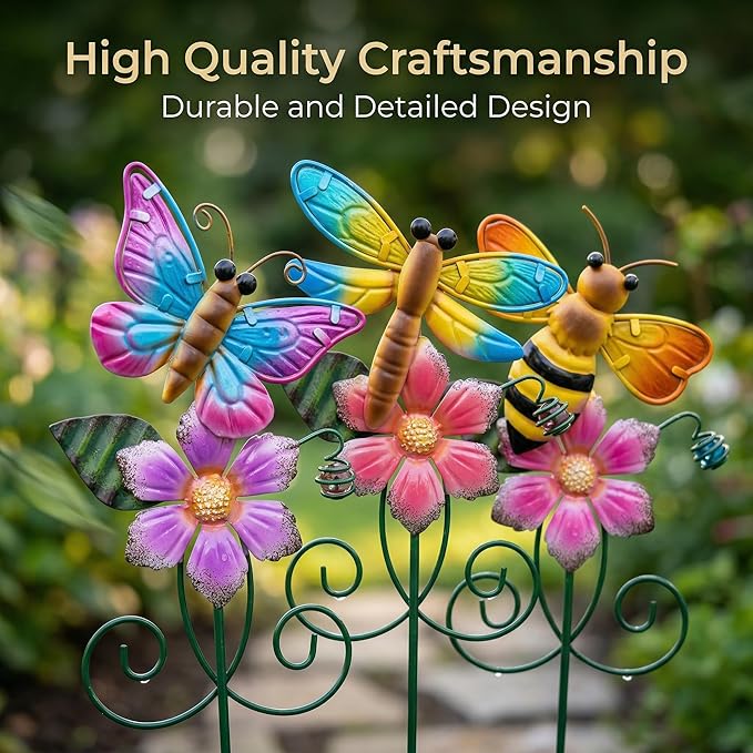 Topadorn Floral Garden Stakes Outdoor Plant Pick Waterproof Metal Flower Garden Stakes for Lawn Yard Patio,Pathway and Planter Pot Decor,Set of 3,Bee,Butterfly and Dragonfly