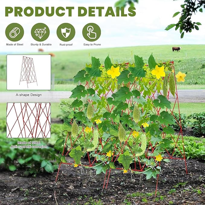 Cucumber Trellis 2 Pack, Foldable A-Frame Garden Trellis for Raised Bed Garden Grow Support with Plant Support Clips, Twist Ties, Plastic Ties, for Cucumber,Tomato, Climbing Plants and Flowers