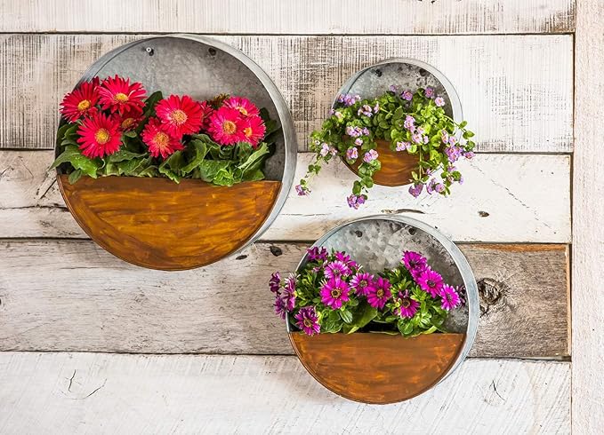 Topadorn Metal Flower Pot Hanging Planter Flower Pot Galvanized Metal Container Wall Pocket Garden Bucket for Indoor or Outdoor Balcony Patio, Round 8"