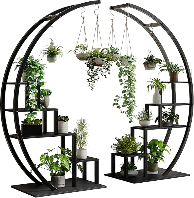 GarveeLife Plant Stand Indoor 5 Tier Tall, Metal Half Moon Plant Shelf 2 Pack, Stylish Tiered Flower Rack for Multiple Plants Display, Tall and Space-Saving Design