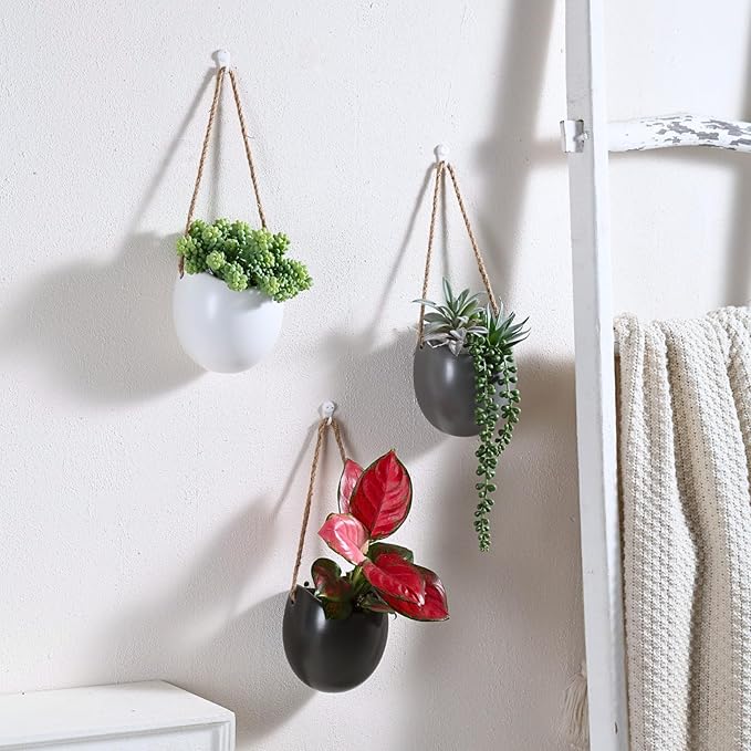 Set of 3 Ceramic Wall Vases - Hanging Pocket Planters for Indoor Plants, Wall Decor for Entryway Hallway Bathroom Living Room Dining Room
