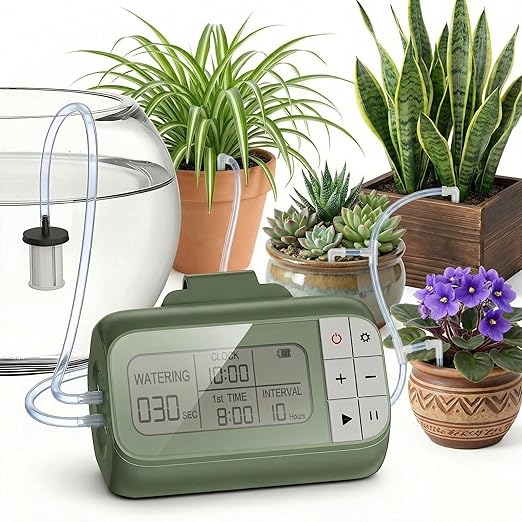 Garden Drip Irrigation System Timed Watering, Programmable Solar Water Drip for 15 Plants, Drip Irrigation Kit with 33FT 1/4'' Tube, 15x Tee Fitting, 15x Flow Valve, 15x Drip Stake(Battery Powered)