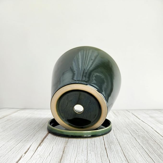 Glazed Gradient Color Ceramic Planter with Drainage Hole & Saucer for Indoor Tropical Plants, Green Reactive Glaze Plant Pot (Emerald Green, 6")
