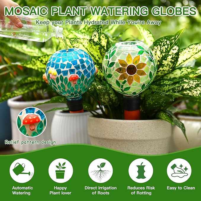 SAVENNA Mosaic Plant Watering Globes with Terracotta Spikes, 17oz Glass Self Watering Globes for Indoor & Outdoor Potted Plants, Decorative Water Drippers, Set of 2,Sunflower & Mushroom Pattern