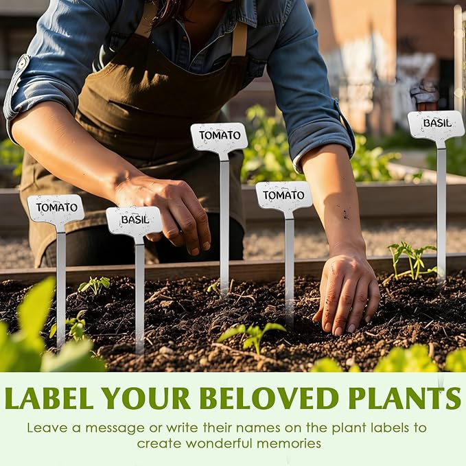 30 Pcs Stainless Steel Plant Labels, Metal Waterproof Plant Markers, Height 12.6 in, Label Area 2.5 x 1.26 in T-Type Reusable Nursery Tags for Vegetable Herb Flower Seed with 2 Pens