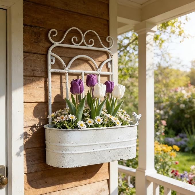 Rustic Metal Wall Planter Vintage Wall Mounted Flower Pot Distressed Wall Hanging Plant Basket Farmhouse Wall Decor for Indoor Outdoor Garden Home Yard (White)