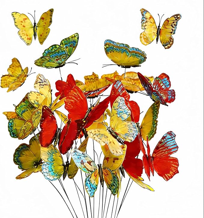 3D Butterfly Stakes,20PCS Butterfly Garden Stake Decor for Flower Bouquet Outdoor Indoor Yard Art Patio Plant Pot Flower Bed Home Décor,Butterfly Plant Stakes with Bendable Stick(Yellow&Red)