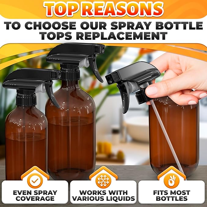 4 Pack Spray Nozzle for Bottles – Replace Broken Sprayers in Seconds with Spray Bottle Nozzle Replacement – Fits 8 Oz & 16 Oz Bottles, Trim-To-Fit Tube, Mist & Stream Modes, Secure Fit Trigger Sprayer