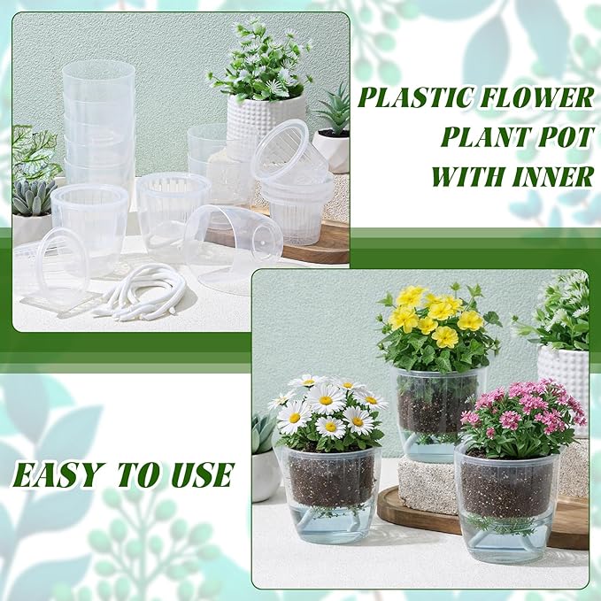 18pcs Self Watering Pots 3.5inch Plastic Flower Plant Pot with Inner Pot Self Watering Wick Planter White Clear Flower Pots for Indoor House Plants Herbs, Flowers, Succulents(Transparent)