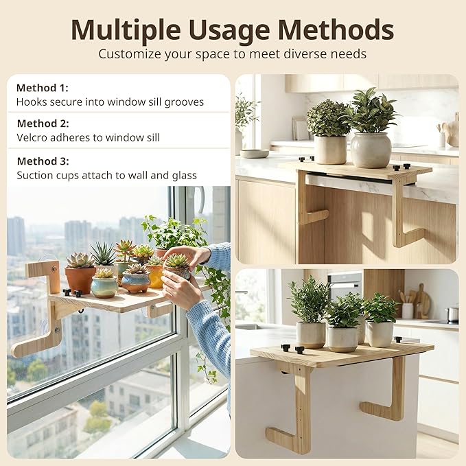 Window Plant Shelves with Suction Cups, Adjustable No-Drill Window Shelf for Plants, 21.7" Window Sill Extender, Heavy-Duty Window Plant Shelf for Indoor Window Gardens, Mounts on Glass or Walls
