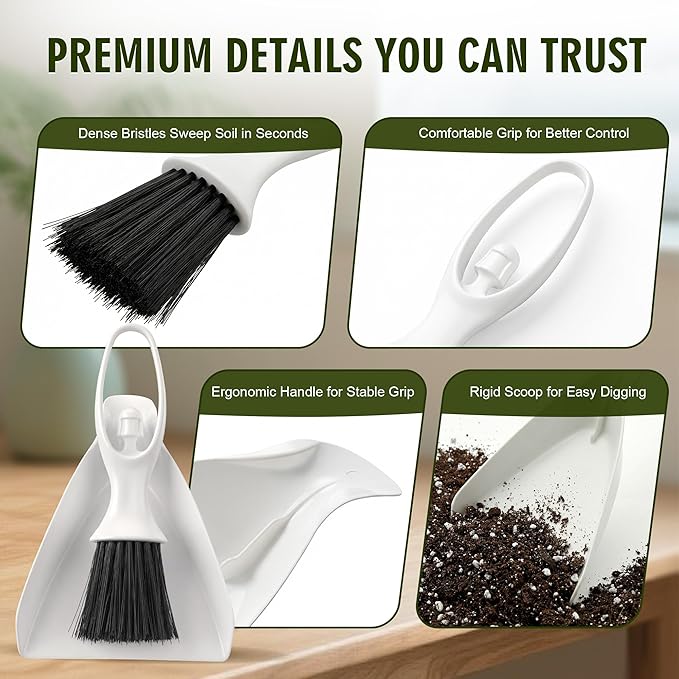 Enhon Soil Scoop with Brush for Indoor Plants, 2 in 1 Plant Potting Scoop Tool for Mess Free Repotting, Mini Dustpan and Brush Set for Houseplants, Succulents, Gardening