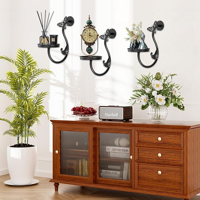 Wall Plant Holder Indoor, Metal Hanging Planters Hanger Floating Flower Display Stand for Window, Plant Shelves Hanging Plant Holder Window Plant Hanger Plant Decor Black (Butterfly-3Pc)