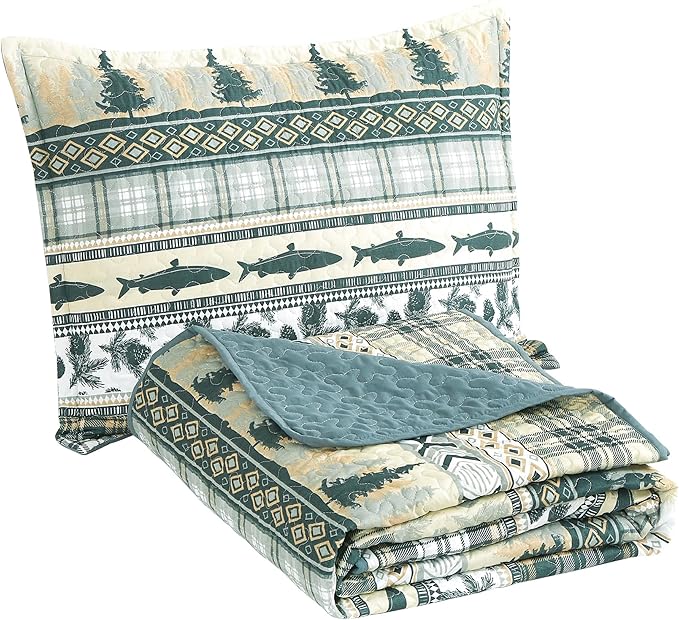 Chezmoi Collection Lake 3-Piece Lodge Quilt Set King - Multicolor Pine Tree Fish Deer Explorer Mountain Printed Microfiber Lightweight Bedspread Set for All Season